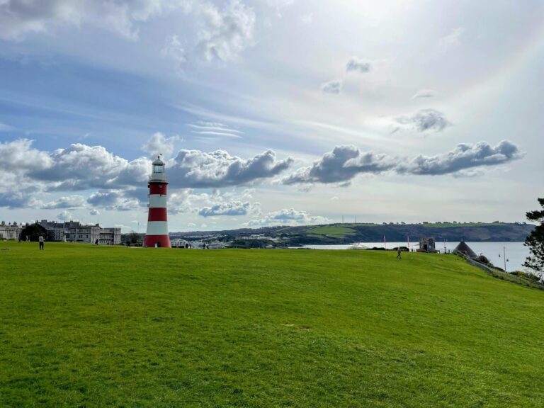 Green field, see view and light house in Plymouth