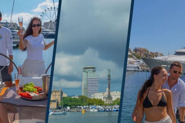 People enjoying. a sailing tour in Barcelona